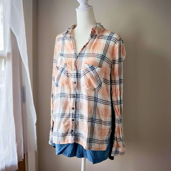 Free People Pink and Black Plaid Button-Down Shirt - Picture 3 of 7